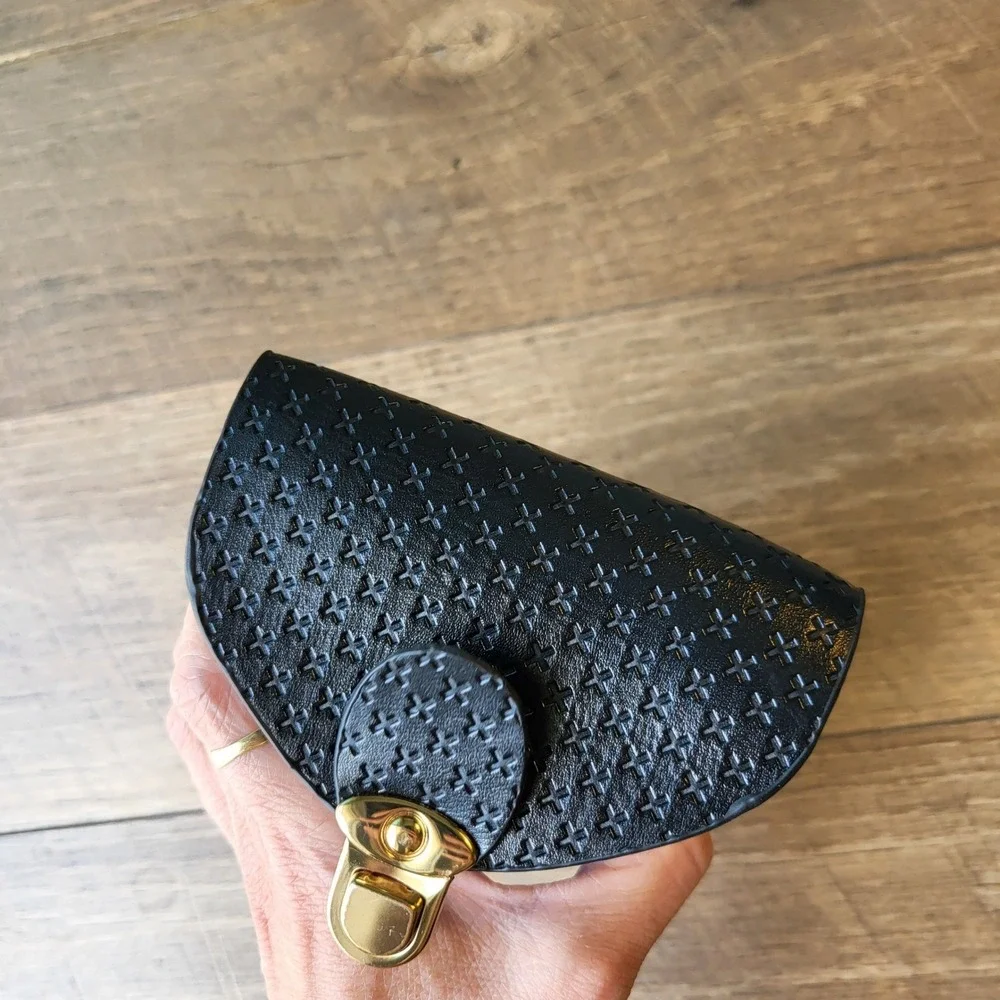 Black Embossed Cross Faux Leather Phone Pouch Glasses Case Gold Tuck Lock Slim